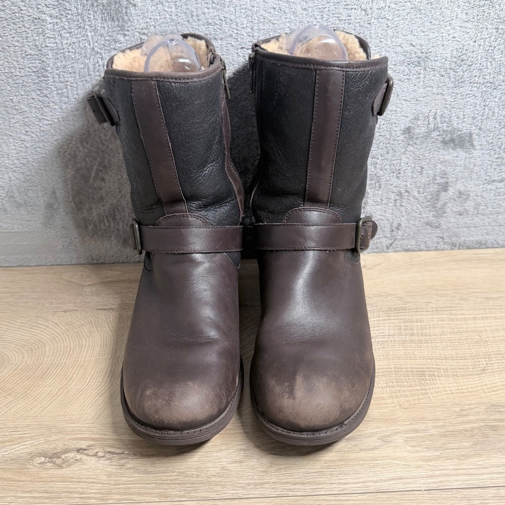 UGG‎ Simmens Shearling Lined Boots Size 9.5 Brown Buckle Moto Cozy Winter